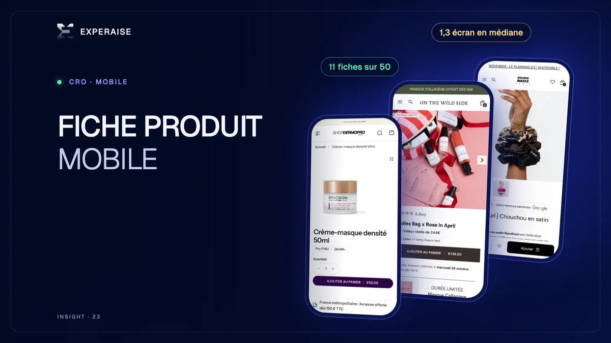 Trois fiches produit Shopify sur mobile mesurées pour la position du bouton d'achat
