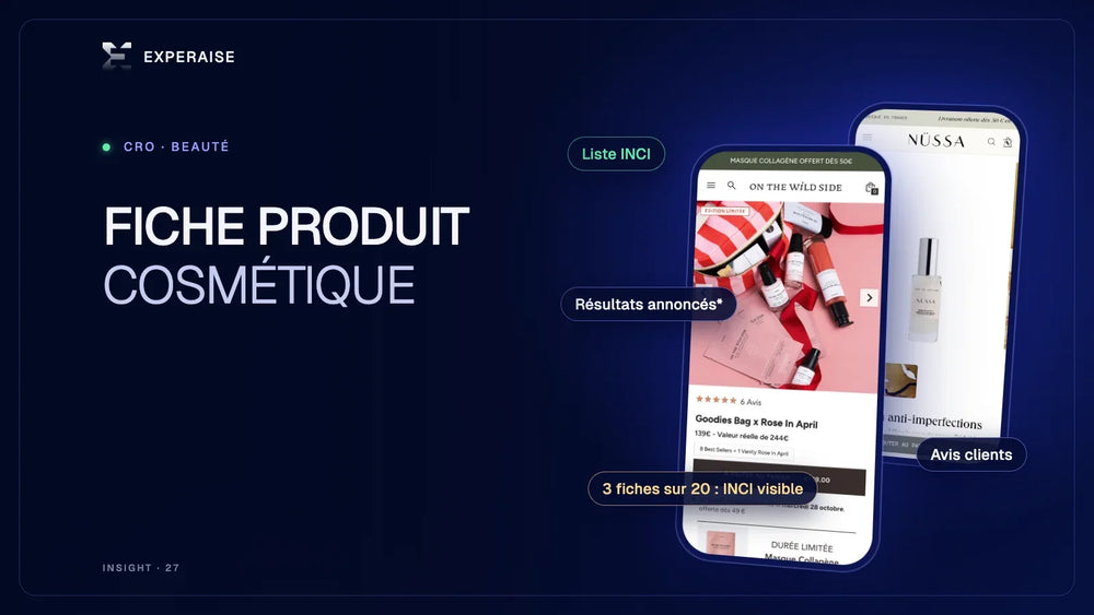 Fiche produit cosmétique sur mobile avec liste INCI, allégations et avis clients
