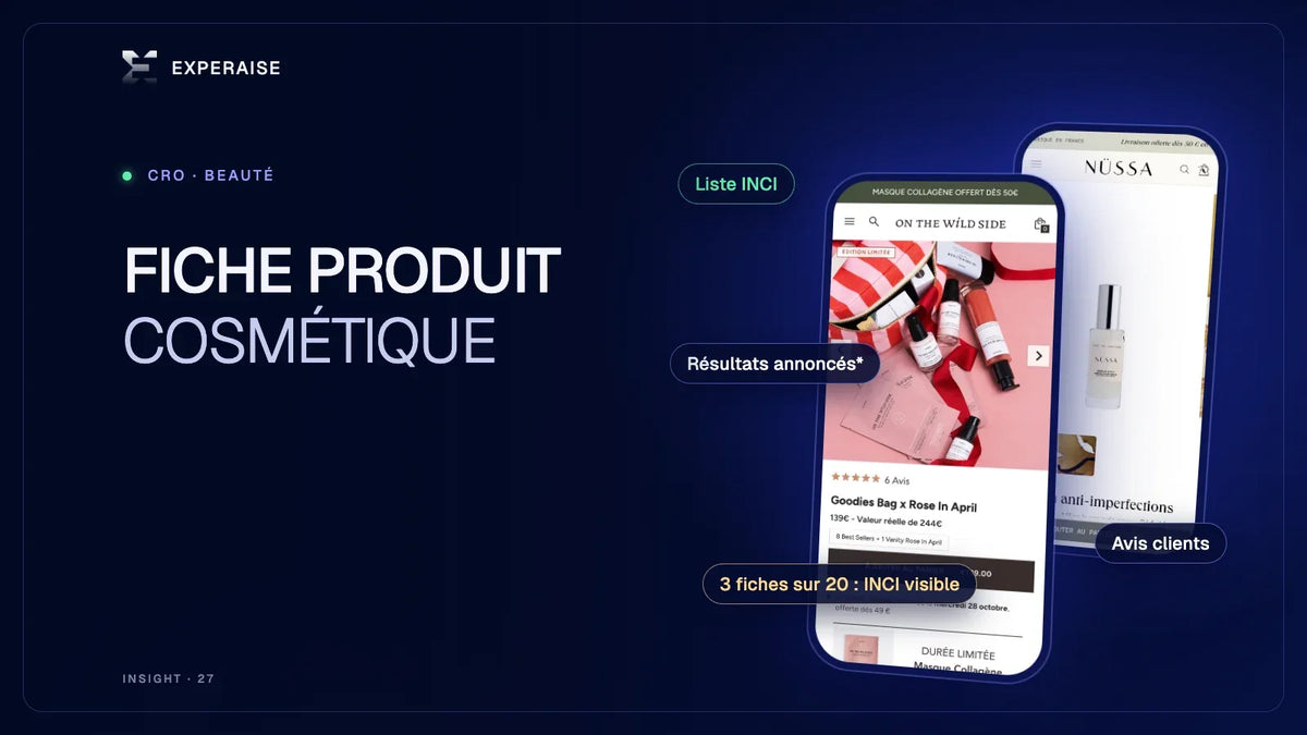 Fiche produit cosmétique sur mobile avec liste INCI, allégations et avis clients