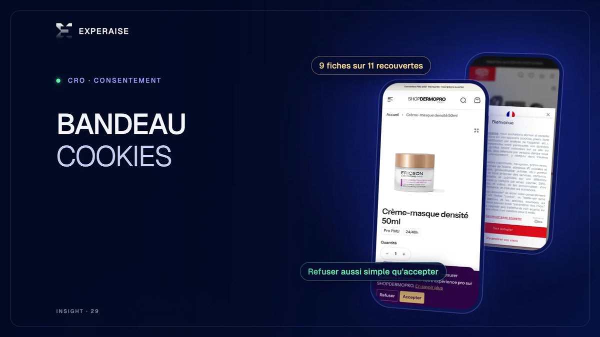 Fiches produit mobiles Felco et ShopDermoPro dont le bandeau de cookies recouvre la zone d'achat