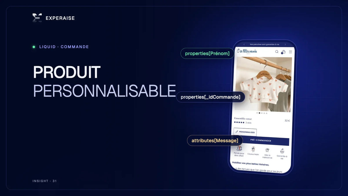 Fiche produit mobile La Pelucherie avec son bouton Personnaliser et les champs properties envoyés à la commande