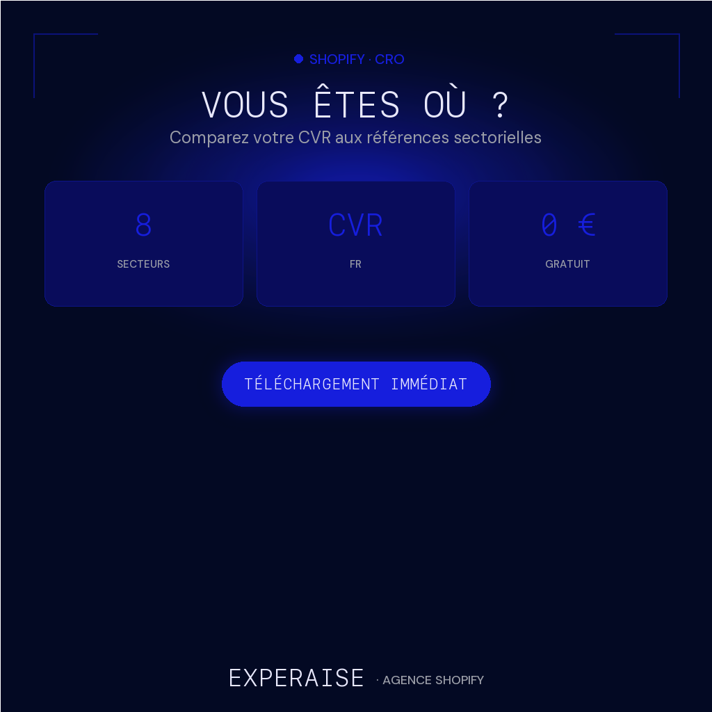 Benchmark taux conversion Shopify par secteur PDF — bénéfices | EXPERAISE