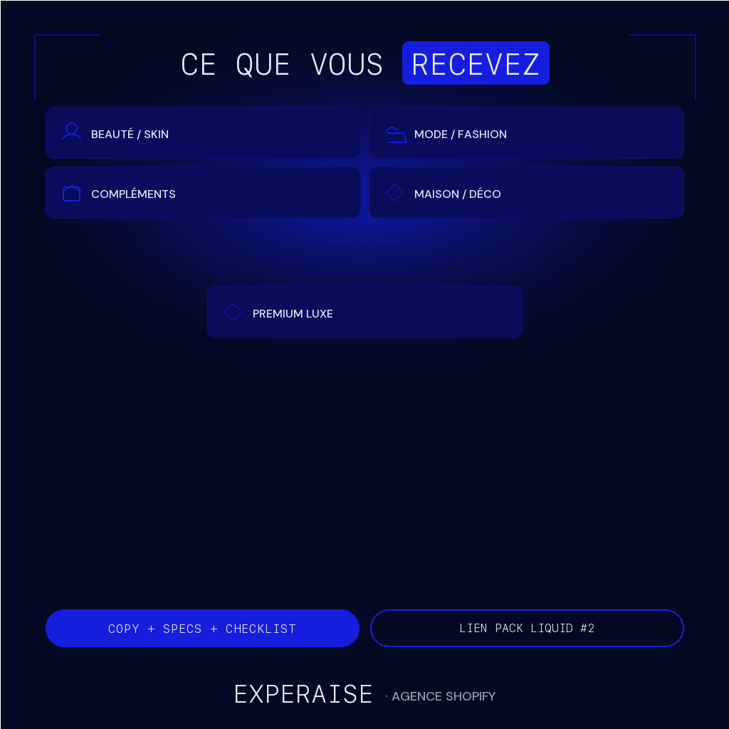 Beauté, mode, nutrition, maison, luxe — specs + checklist