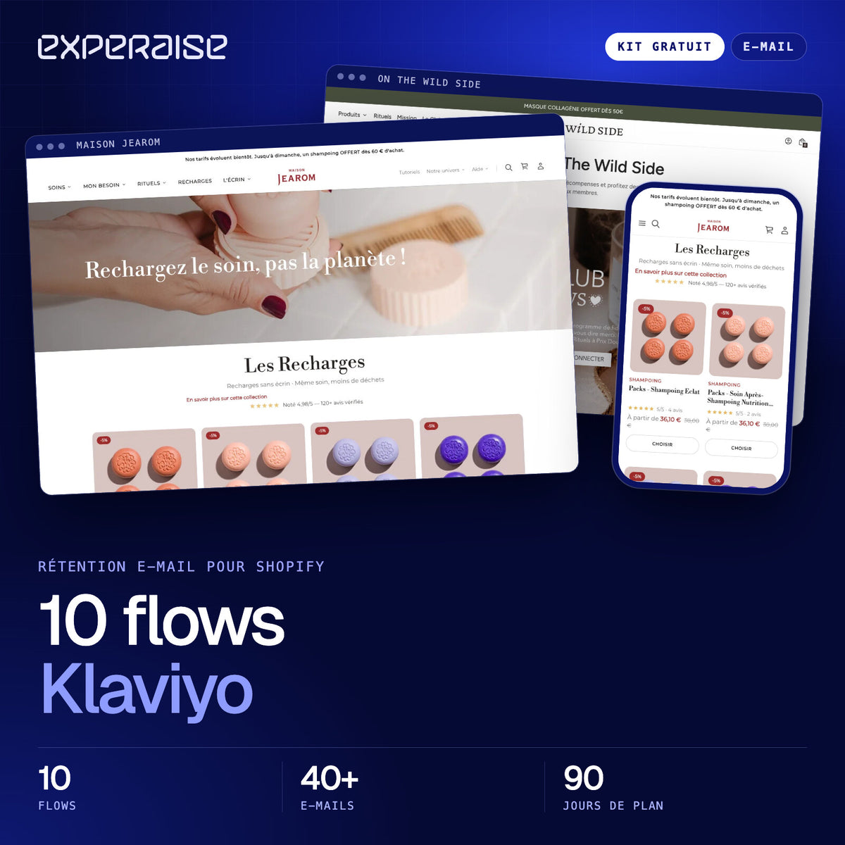 Couverture du kit gratuit 10 flows Klaviyo : captures de boutiques Shopify réalisées par EXPERAISE