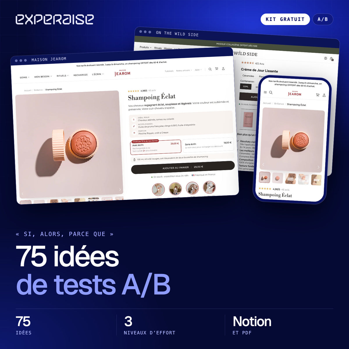 Couverture du kit gratuit 75 idées de tests A/B : captures de boutiques Shopify réalisées par EXPERAISE
