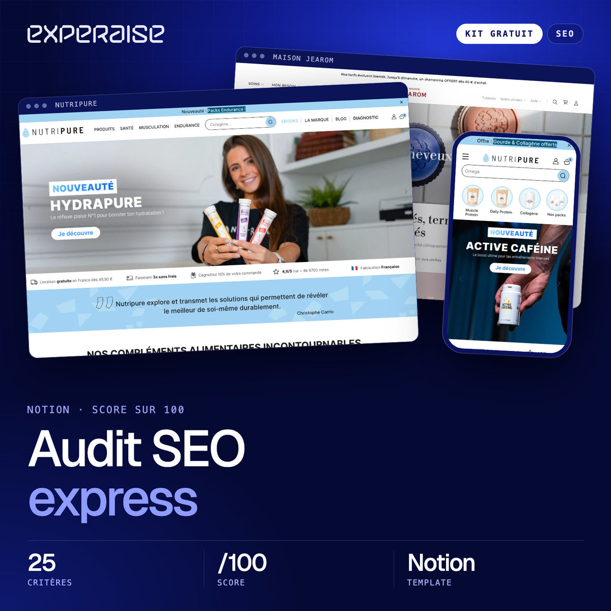 Couverture du kit gratuit Audit SEO express : captures de boutiques Shopify réalisées par EXPERAISE