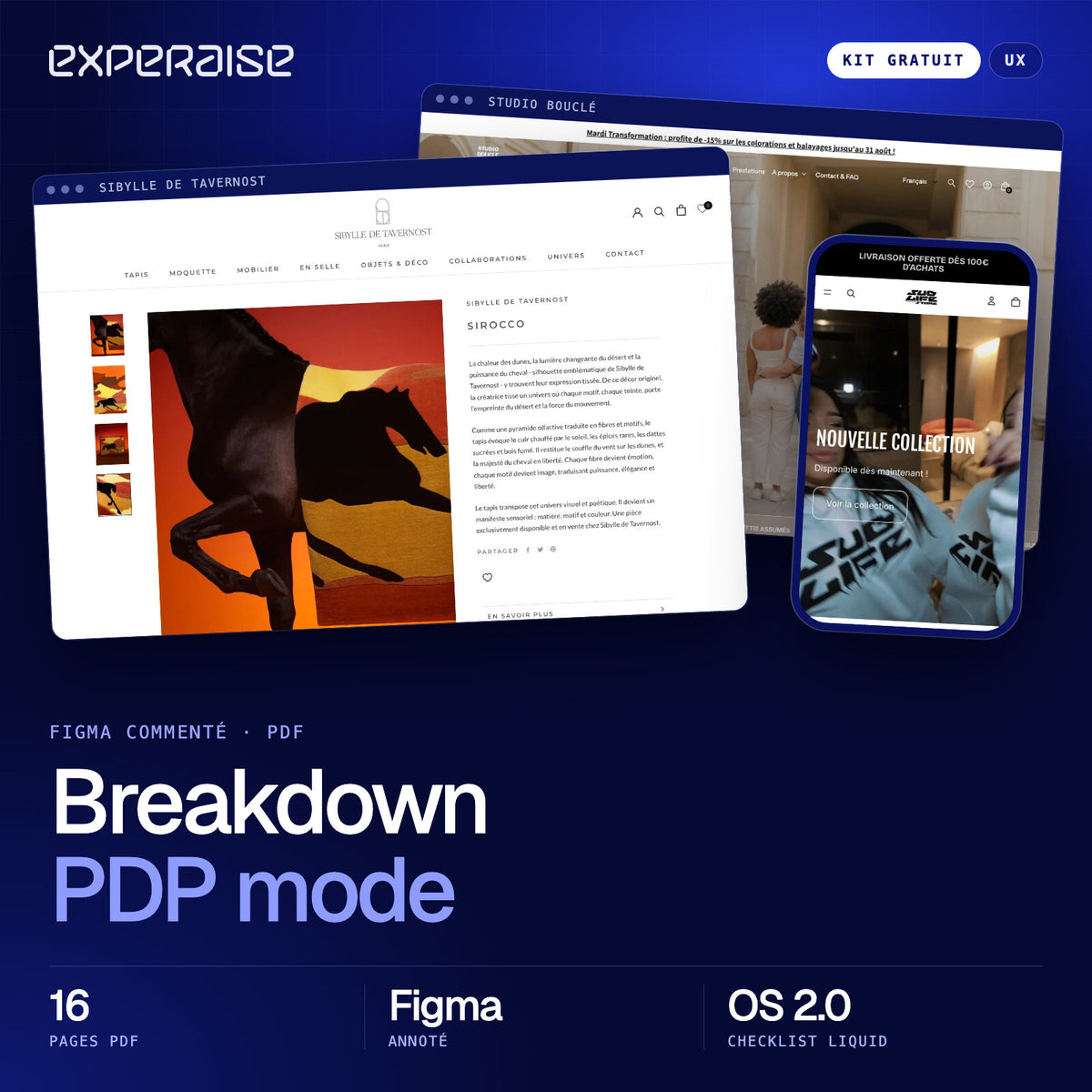 Couverture du kit gratuit Breakdown PDP mode : captures de boutiques Shopify réalisées par EXPERAISE