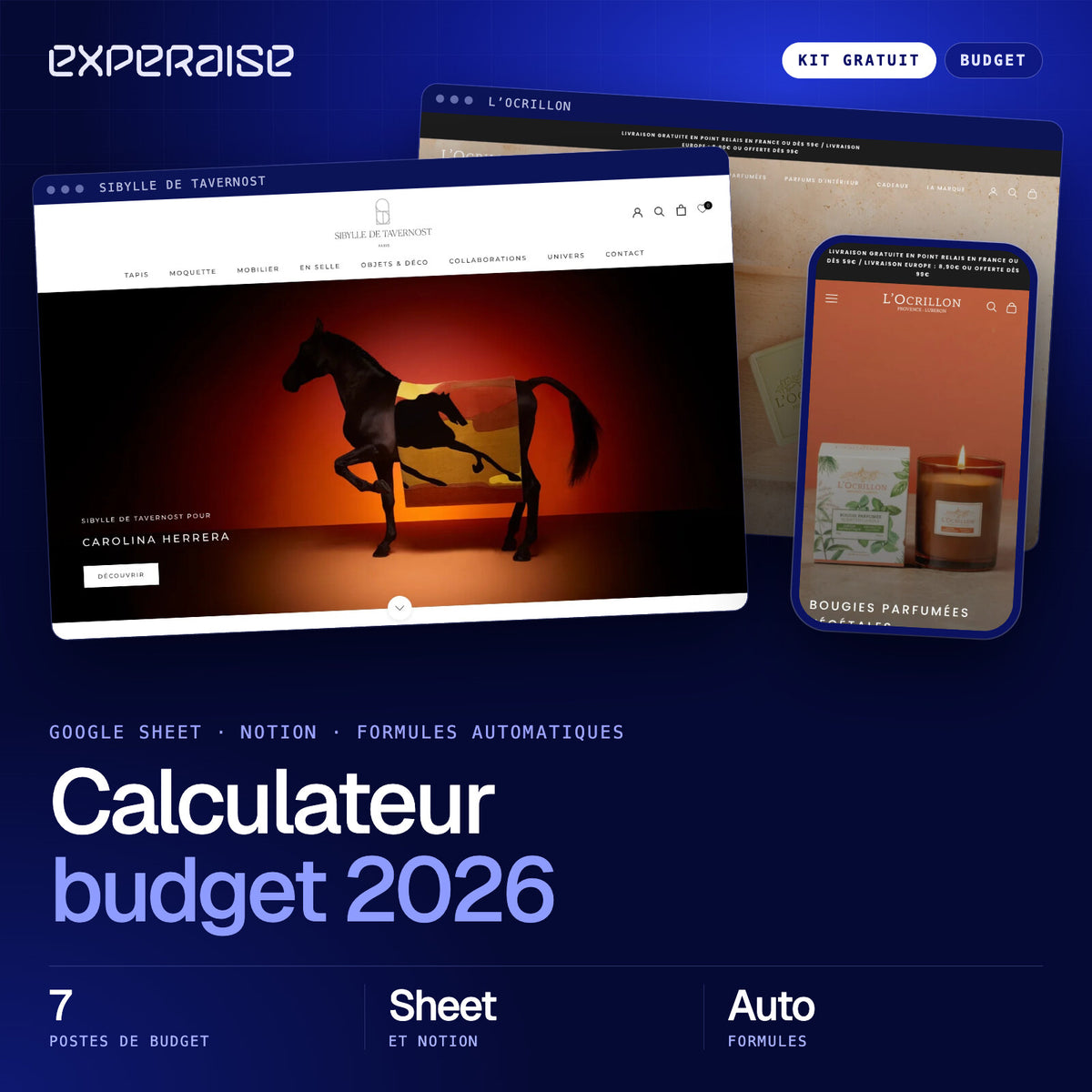 Couverture du kit gratuit Calculateur budget 2026 : captures de boutiques Shopify réalisées par EXPERAISE