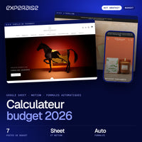 Couverture du kit gratuit Calculateur budget 2026 : captures de boutiques Shopify réalisées par EXPERAISE