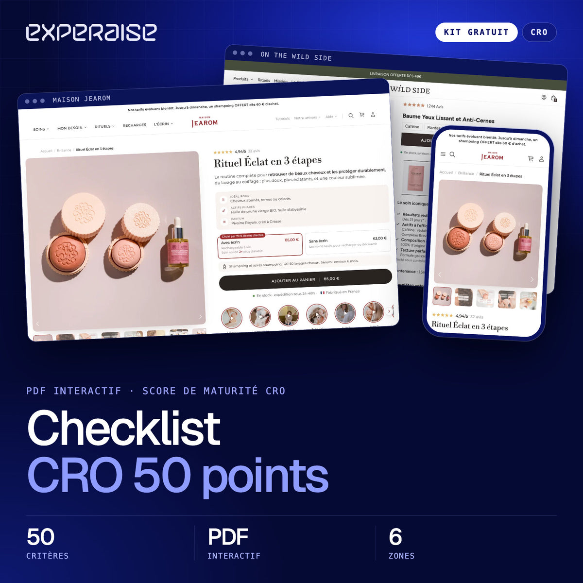 Couverture du kit gratuit Checklist CRO 50 points : captures de boutiques Shopify réalisées par EXPERAISE