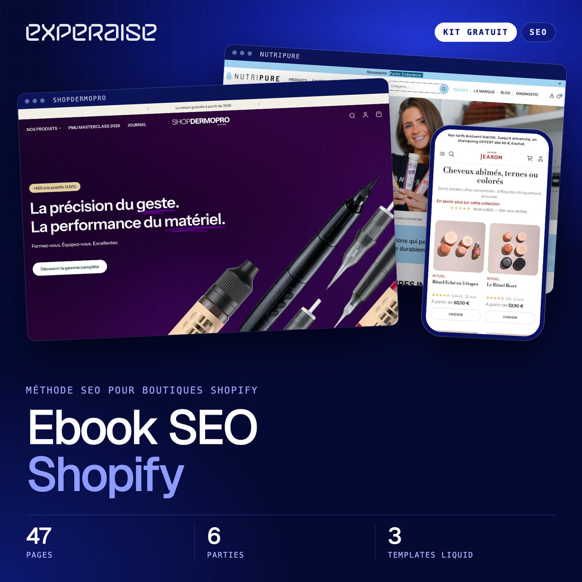 Couverture du kit gratuit Ebook SEO Shopify : captures de boutiques Shopify réalisées par EXPERAISE
