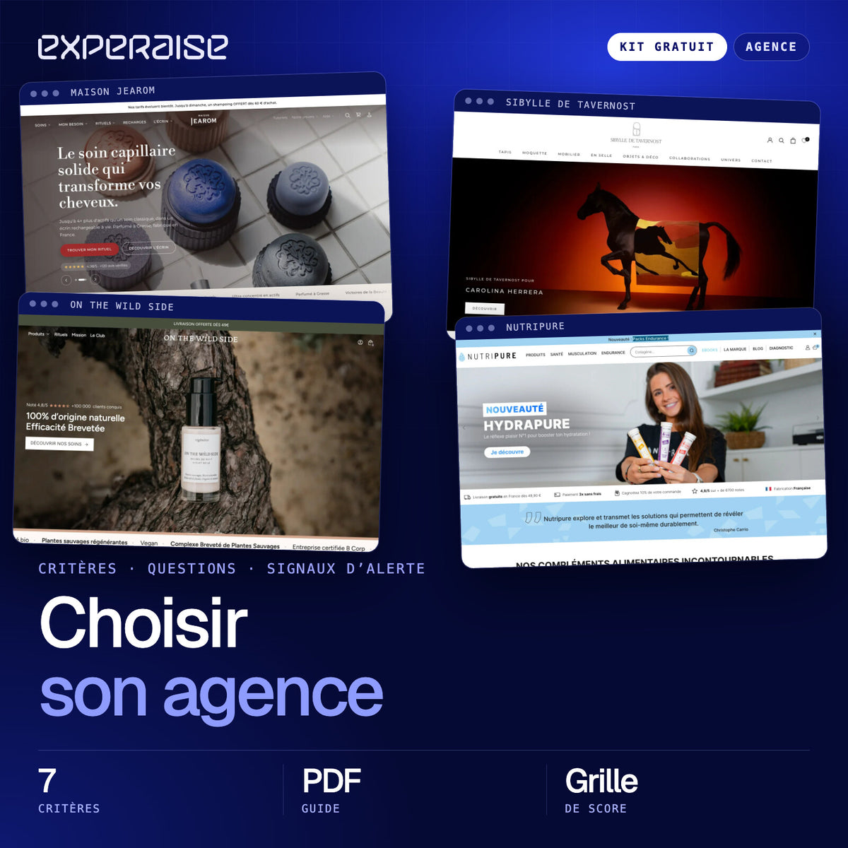 Couverture du kit gratuit Choisir son agence : captures de boutiques Shopify réalisées par EXPERAISE