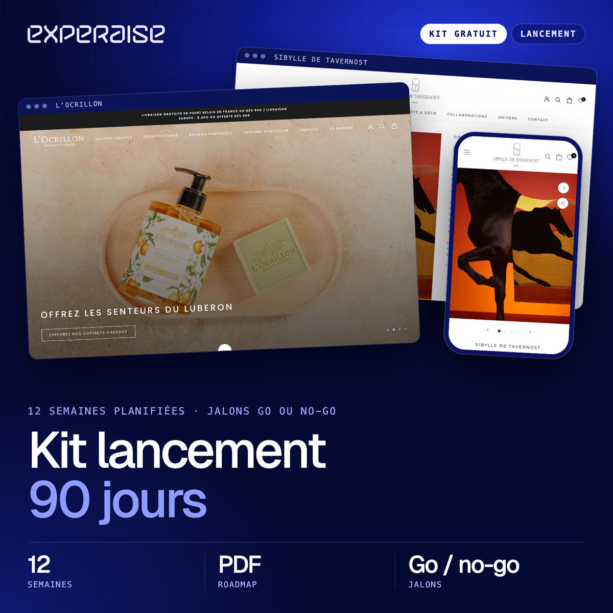 Couverture du kit gratuit Kit lancement 90 jours : captures de boutiques Shopify réalisées par EXPERAISE