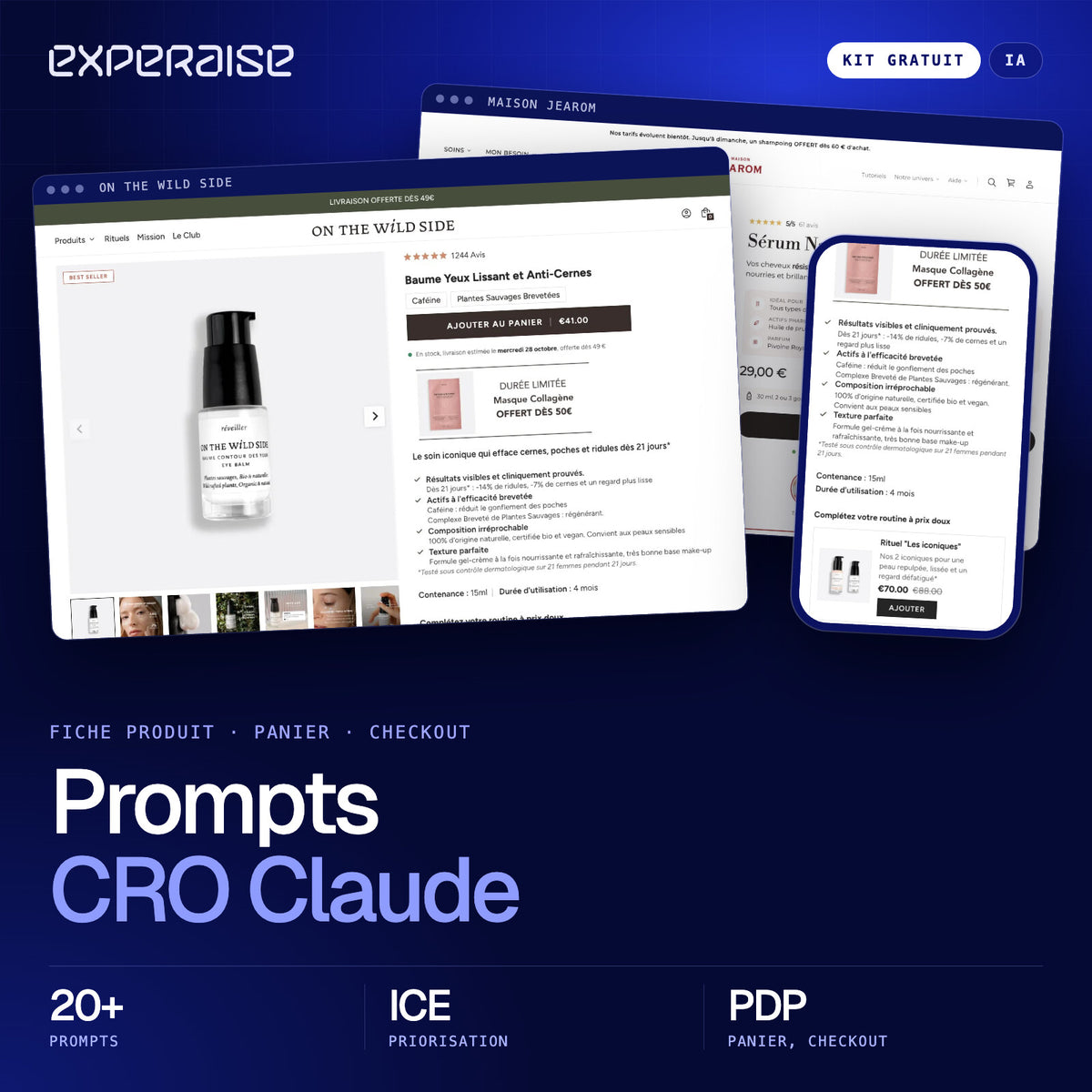 Couverture du kit gratuit Prompts CRO Claude : captures de boutiques Shopify réalisées par EXPERAISE