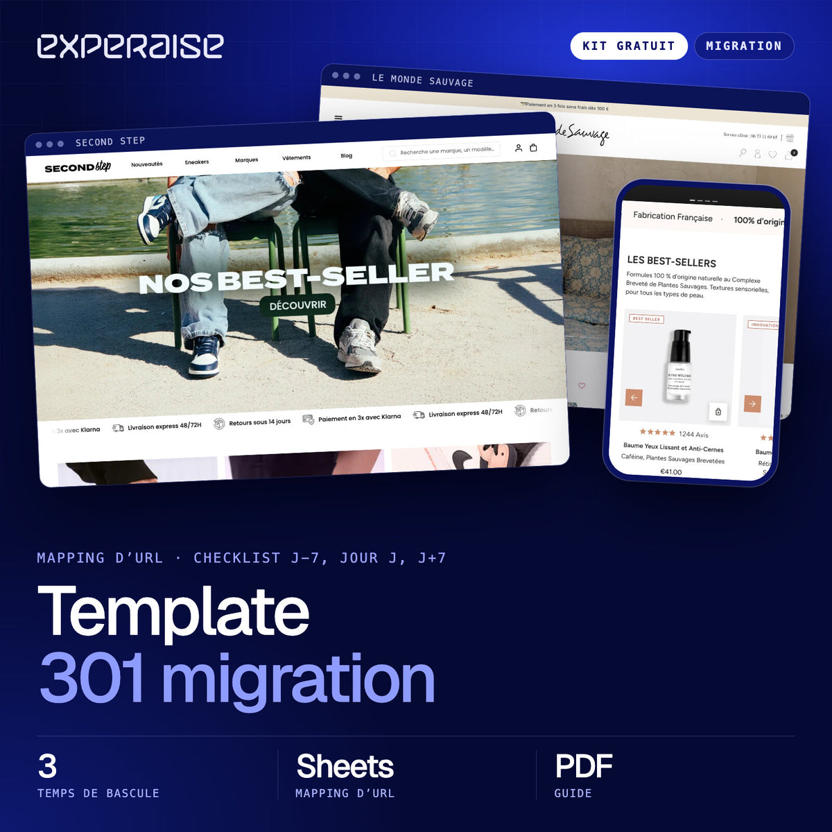 Couverture du kit gratuit Template 301 migration : captures de boutiques Shopify réalisées par EXPERAISE