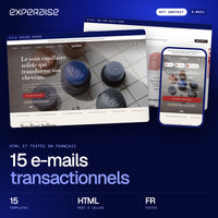 Couverture du kit gratuit 15 e-mails transactionnels : captures de boutiques Shopify réalisées par EXPERAISE