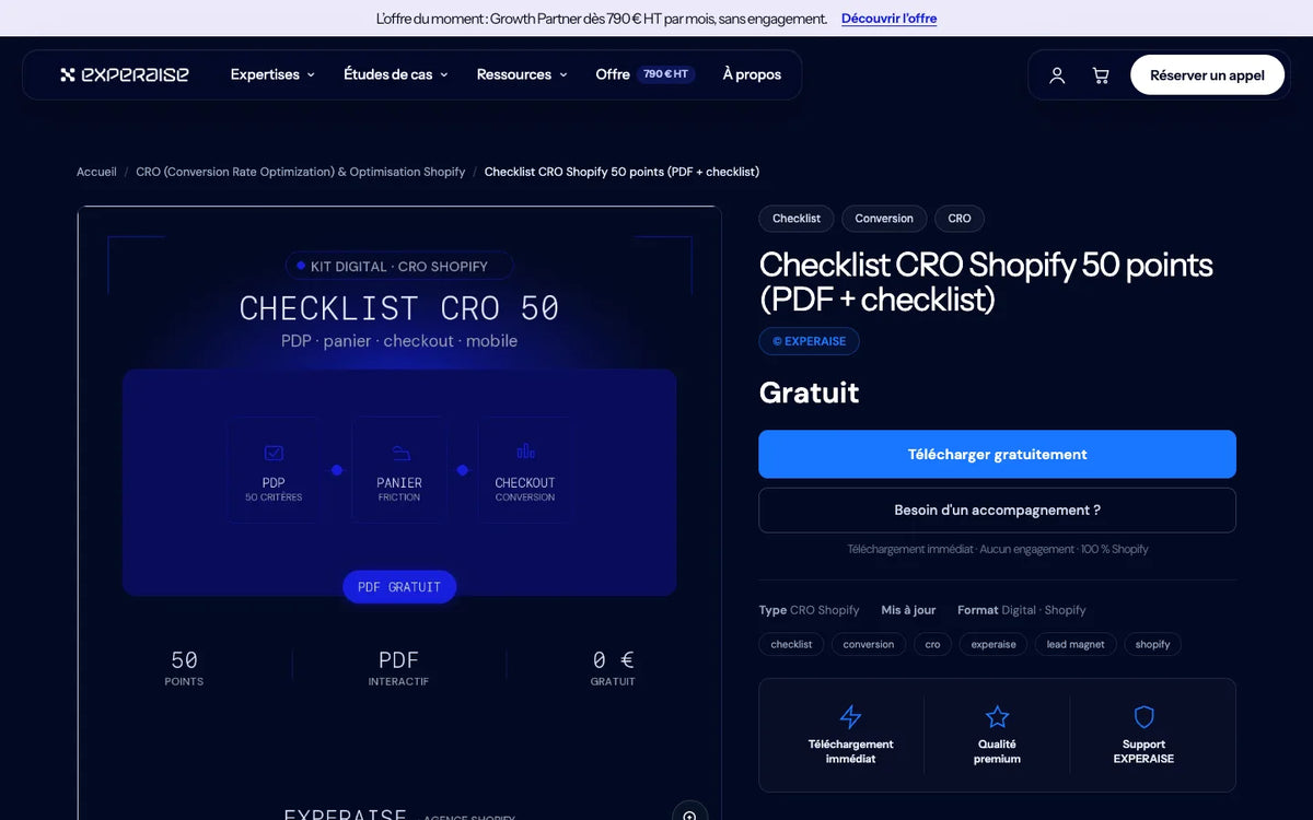 Page produit du kit Checklist CRO Shopify 50 points sur experaise.com : couverture du kit, titre, mention Gratuit, bouton Télécharger gratuitement