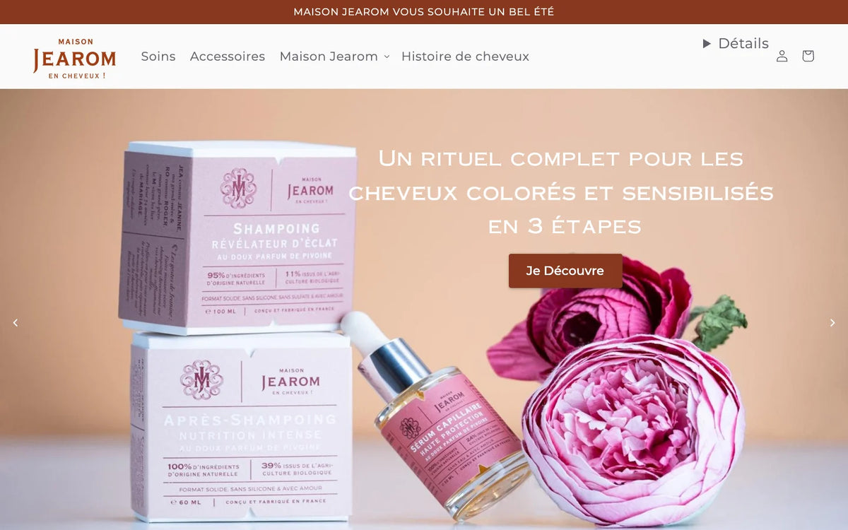 Page d'accueil de la boutique Maison Jearom avant la refonte : un carrousel et un menu à quatre entrées