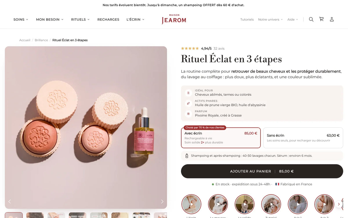 Fiche produit Rituel Éclat en 3 étapes de la boutique Shopify Maison Jearom
