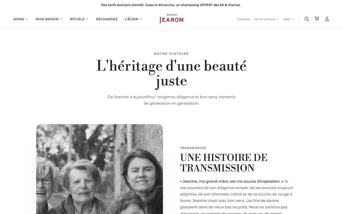 Boutique Maison Jearom : Page Histoire et Manifeste