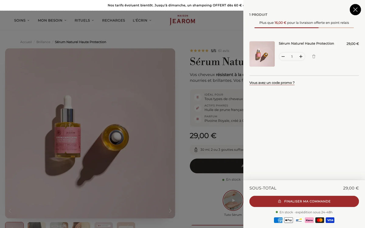 Tiroir de panier de la boutique Shopify Maison Jearom avec barre de progression de livraison offerte