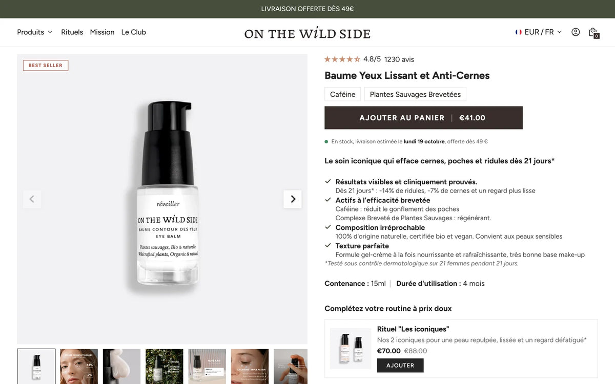 Fiche produit Baume Yeux Lissant et Anti-Cernes d'On The Wild Side après la refonte : galerie, note, bouton avec prix, bénéfices et routine proposée