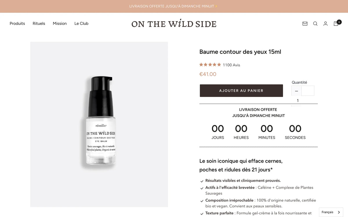 Fiche produit Baume contour des yeux d'On The Wild Side avant la refonte : une image, un prix, un bouton et un compte à rebours