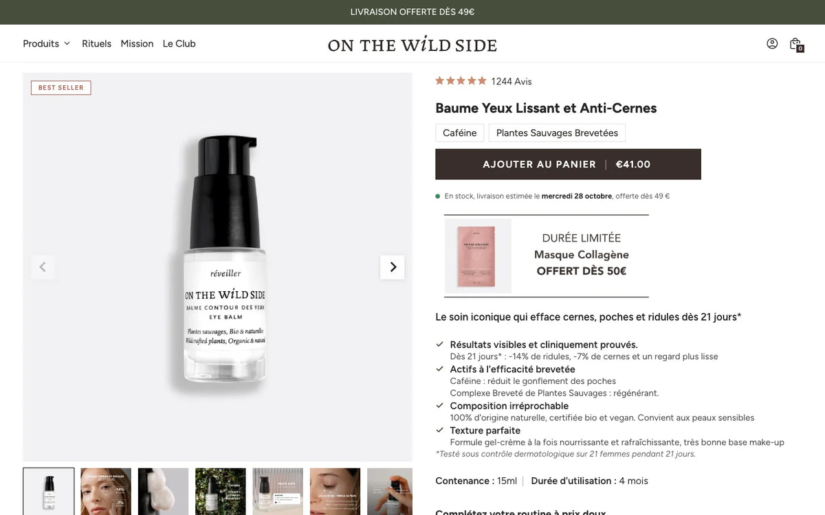 Fiche produit Baume Yeux Lissant et Anti-Cernes de la boutique Shopify On The Wild Side