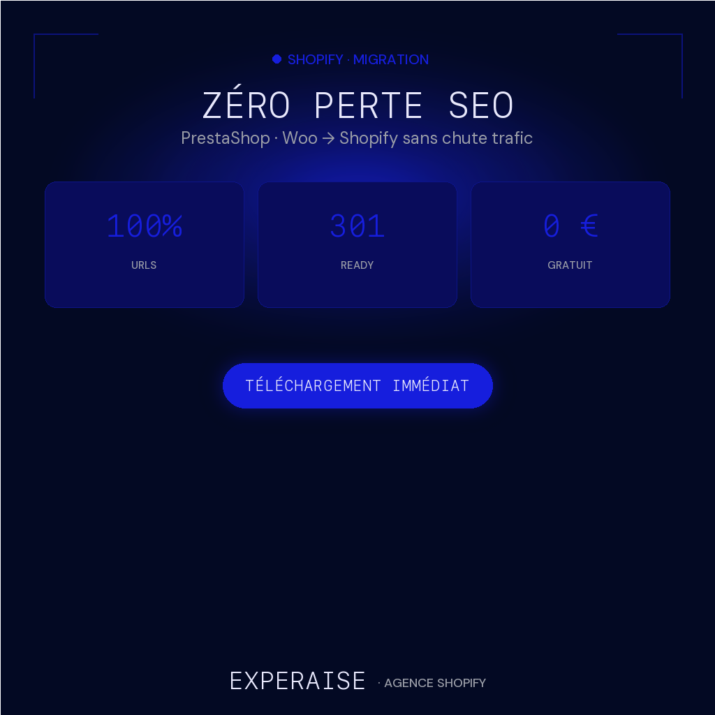 Template 301 migration Shopify Google Sheets — bénéfices | EXPERAISE
