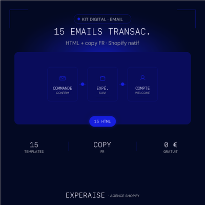 15 templates emails transactionnels Shopify HTML FR — hero | EXPERAISE