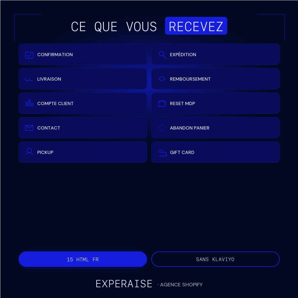 15 templates emails transactionnels Shopify HTML FR — contenu | EXPERAISE